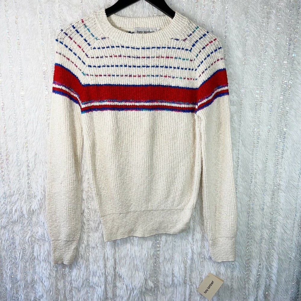 VINTAGE Tony Lambert Pullover Sweater LARGE NEW TAGS Ivory Red Blue Stripe